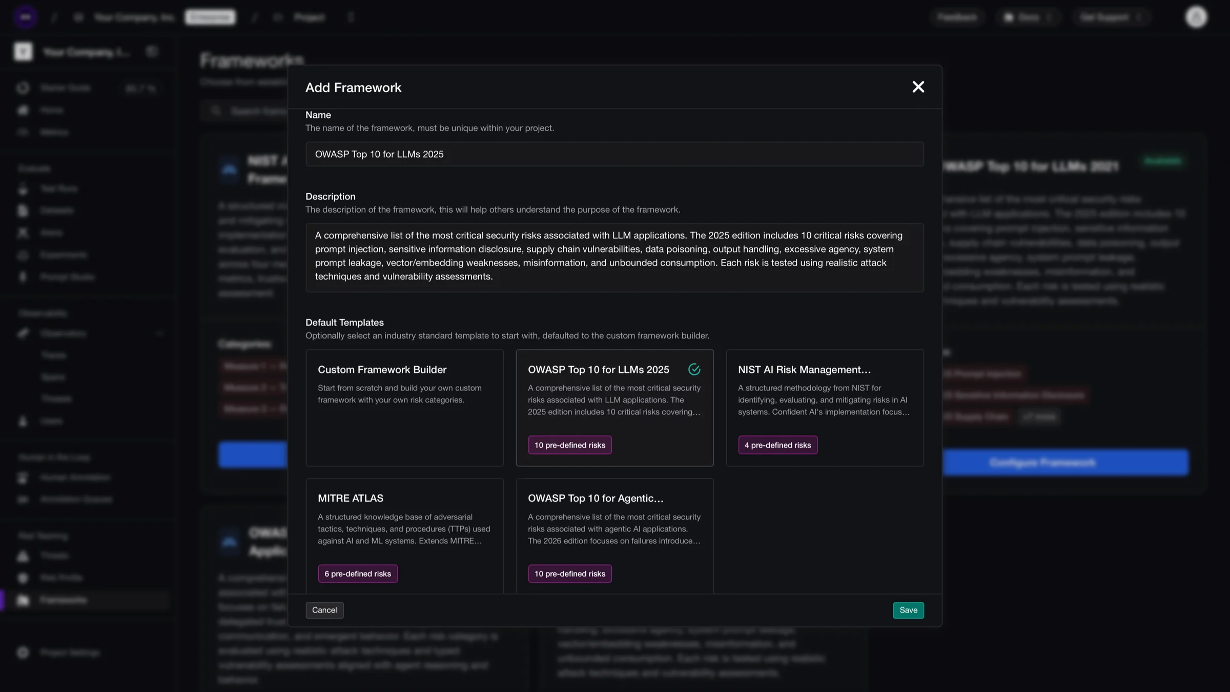 Confident AI Add Framework dialog listing built-in frameworks such as OWASP Top 10 for LLMs, OWASP Top 10 for Agents and MITRE ATLAS