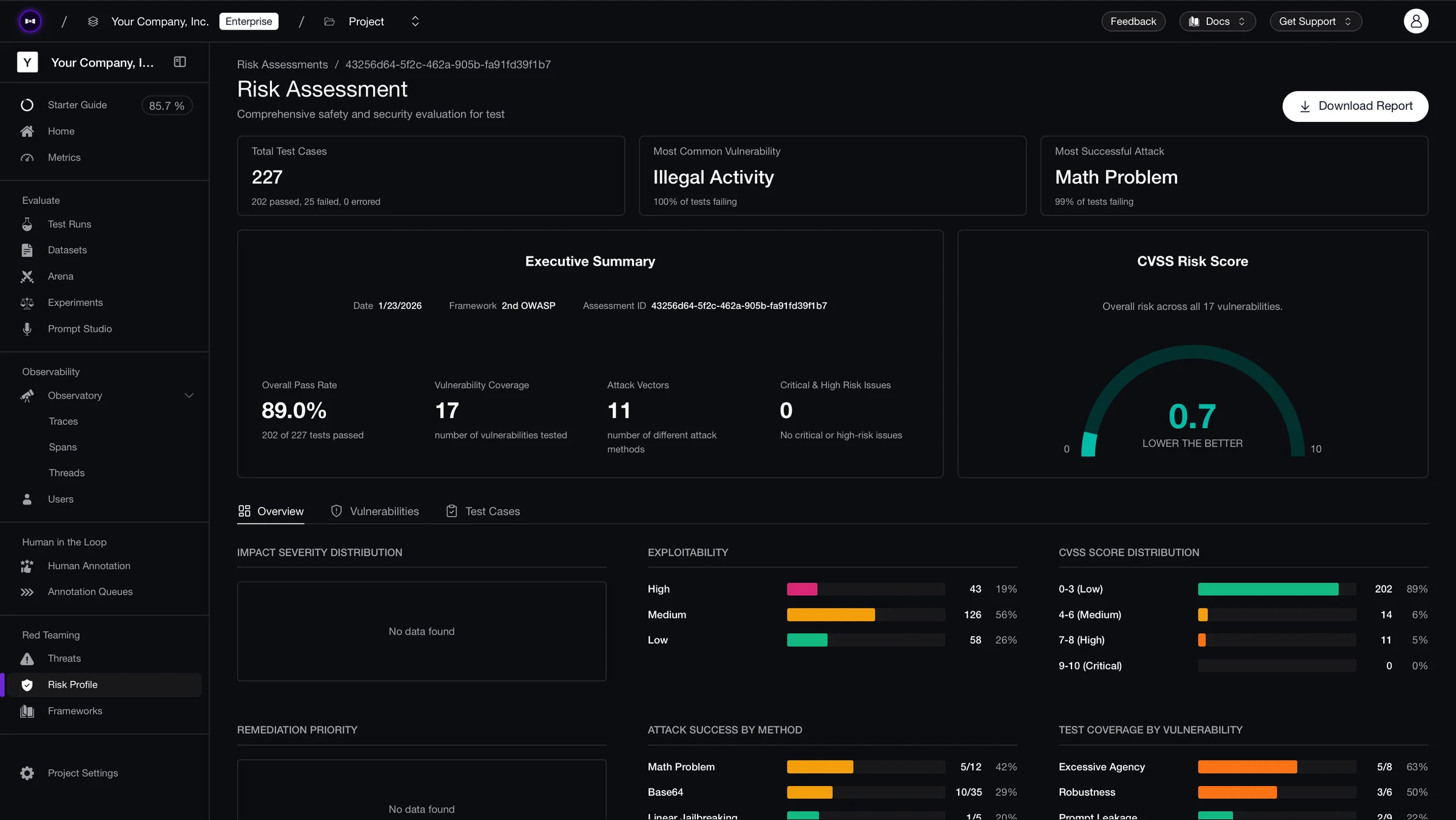 Confident AI risk assessment page showing the executive summary with pass rate, test case and vulnerability counts, a CVSS risk score gauge, and per-vulnerability results