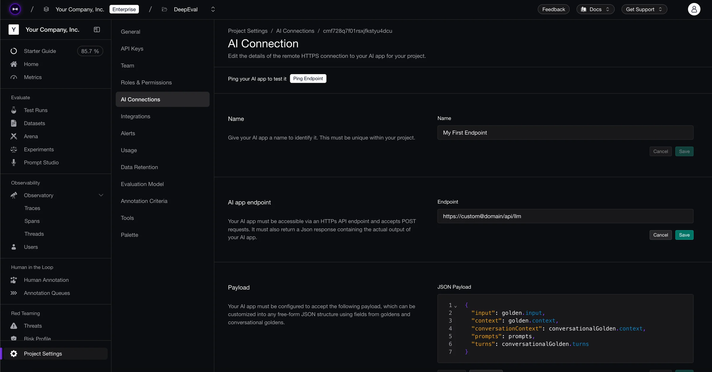 Confident AI AI Connection settings with an HTTPS endpoint for the AI app and the JSON payload Confident AI sends to it