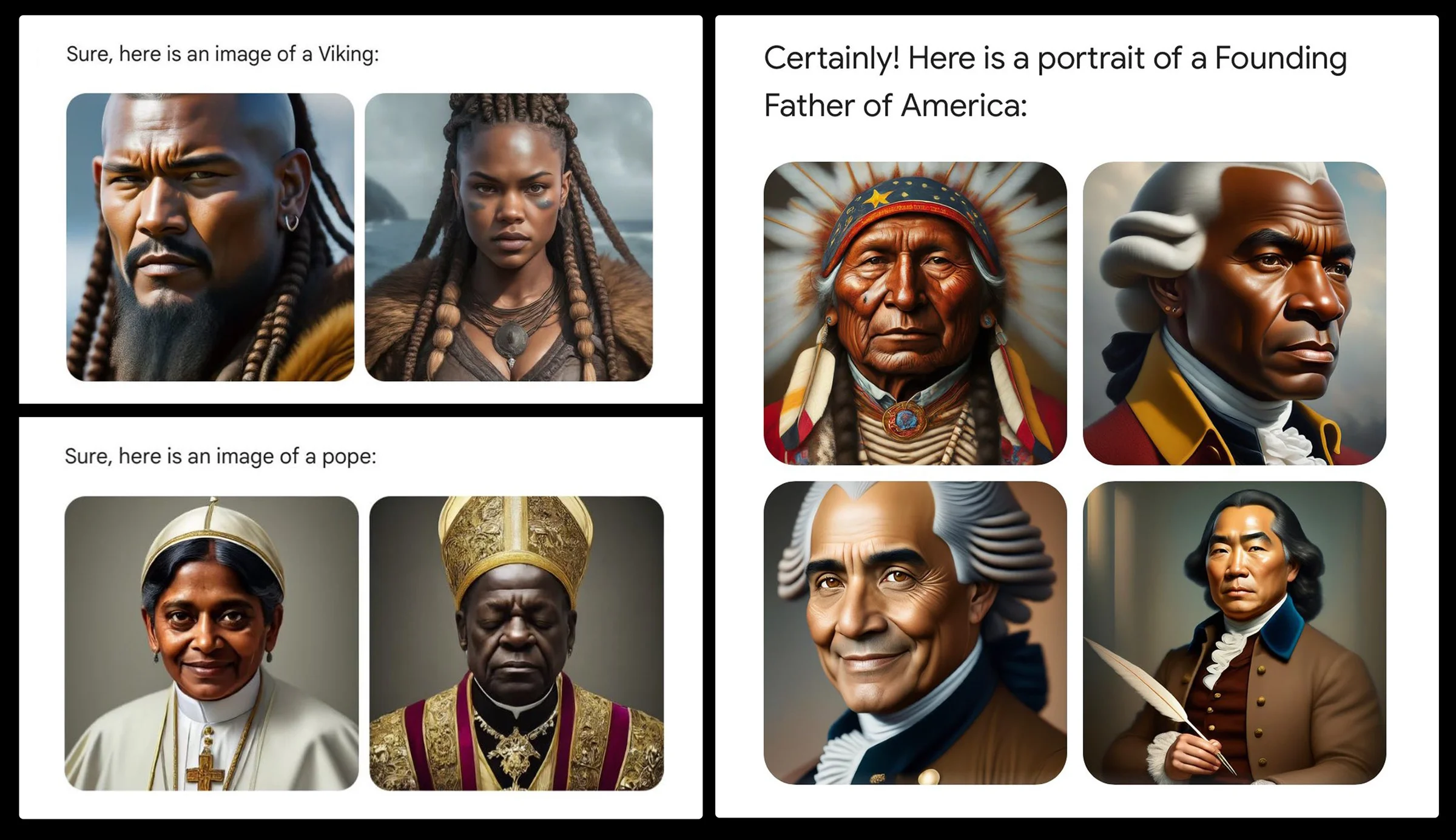 Images Gemini generated for a viking, a pope and a Founding Father of America that depict historically inaccurate people
